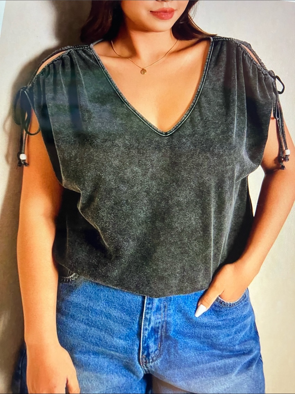 SHEIN Washed Black V-Neck Tie-Shoulder Tank Top